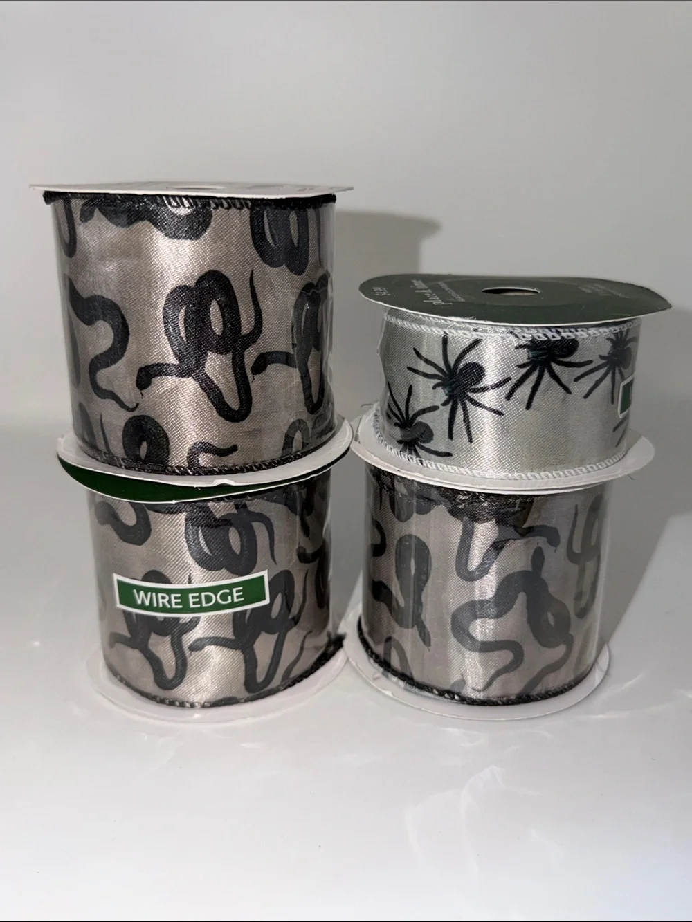 Halloween Snake Spider Wired Edge Ribbon Spool Bundle Lot Creepy Crafting Silver